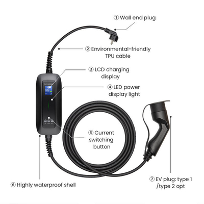Home/Commercial Portable EV Charger con rating IP66 e corrente regolabile 6A/16A
